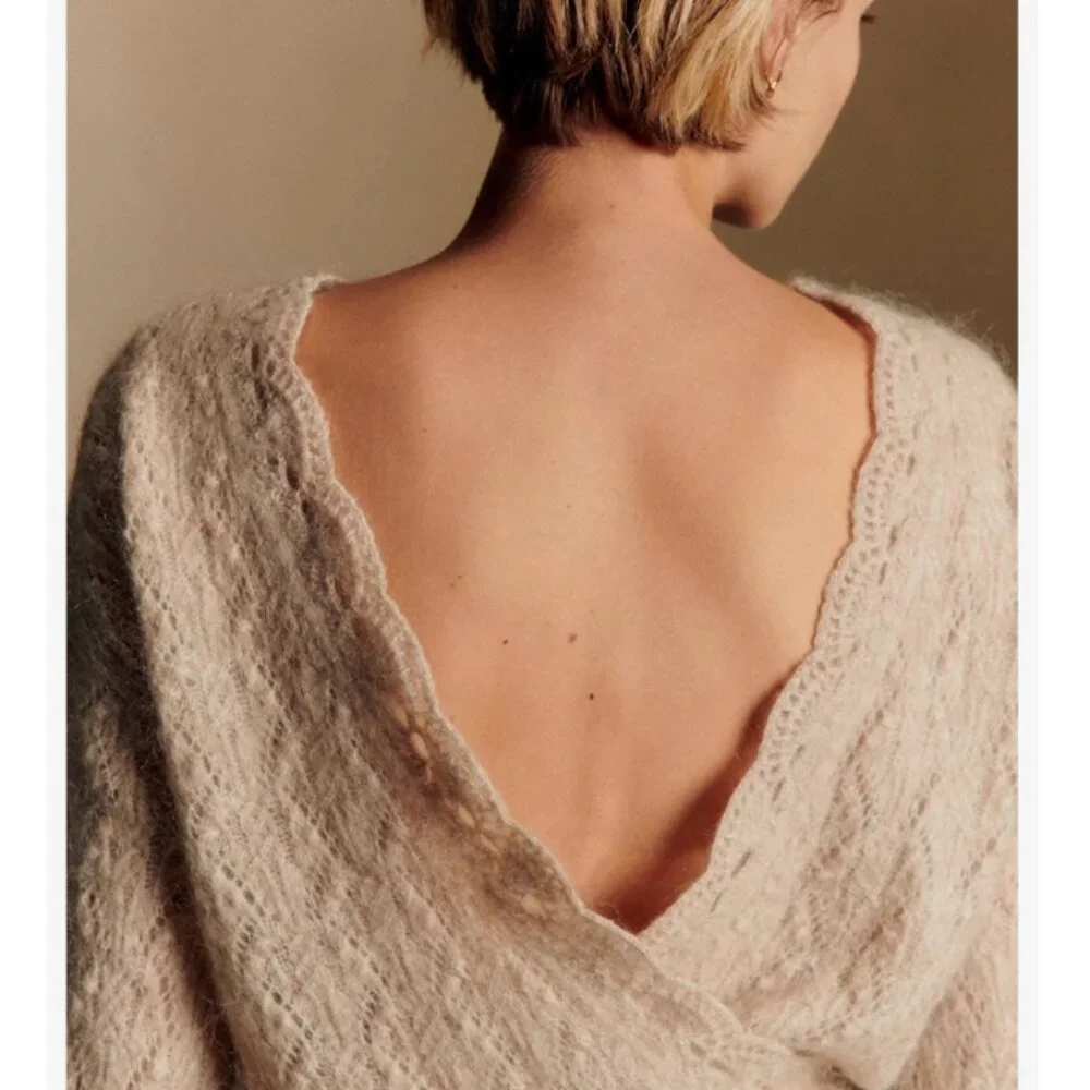 BEST Sezane Nathalia Jumper Small Mottled Beige Sweater V-Neck Wool French Causa_2